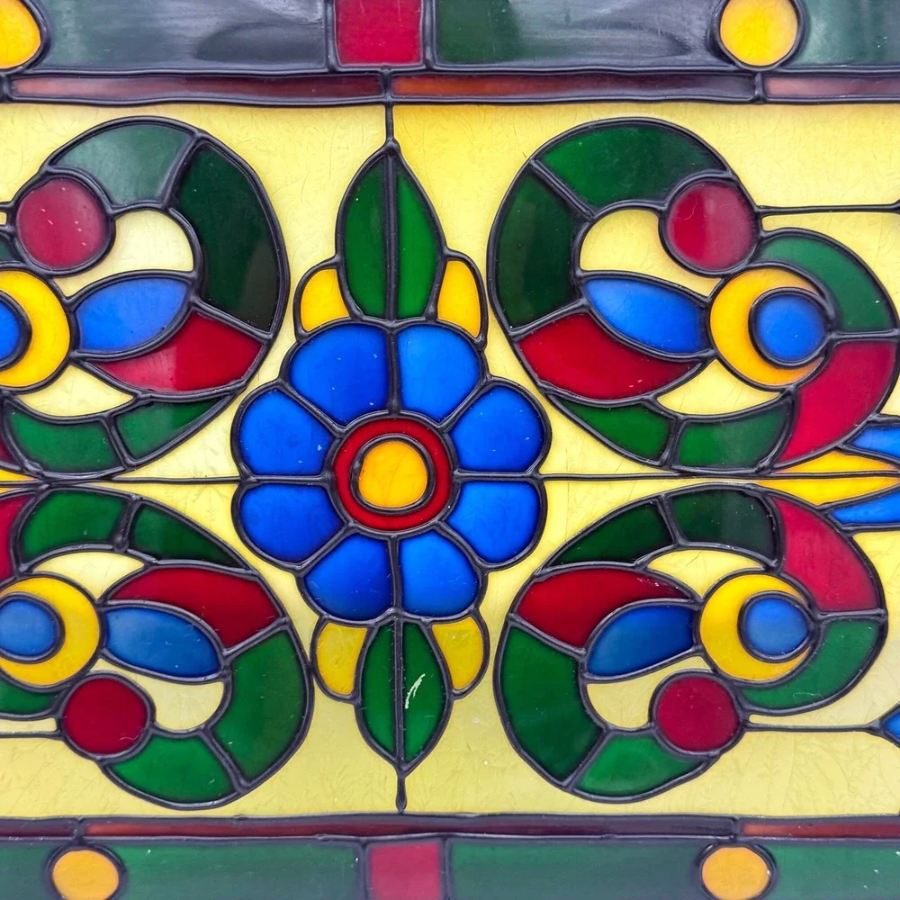 Vintage Stained Glass Window Panel Suncatcher Floral Leaded Metal Frame 18x12